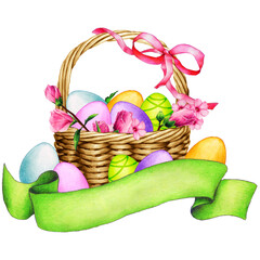 illustration of basket of easter eggs and flowers with decorative band