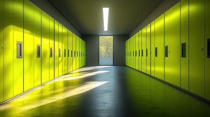 Bright yellow lockers line a hallway