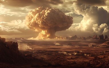 Enormous mushroom cloud rises over a desolate landscape, signaling devastation in golden, ethereal light