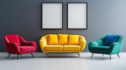 Fototapeta premium Vibrant colorful multicolored sofa and armchairs against grey wall with two frames. Scandinavian interior design of modern living room.