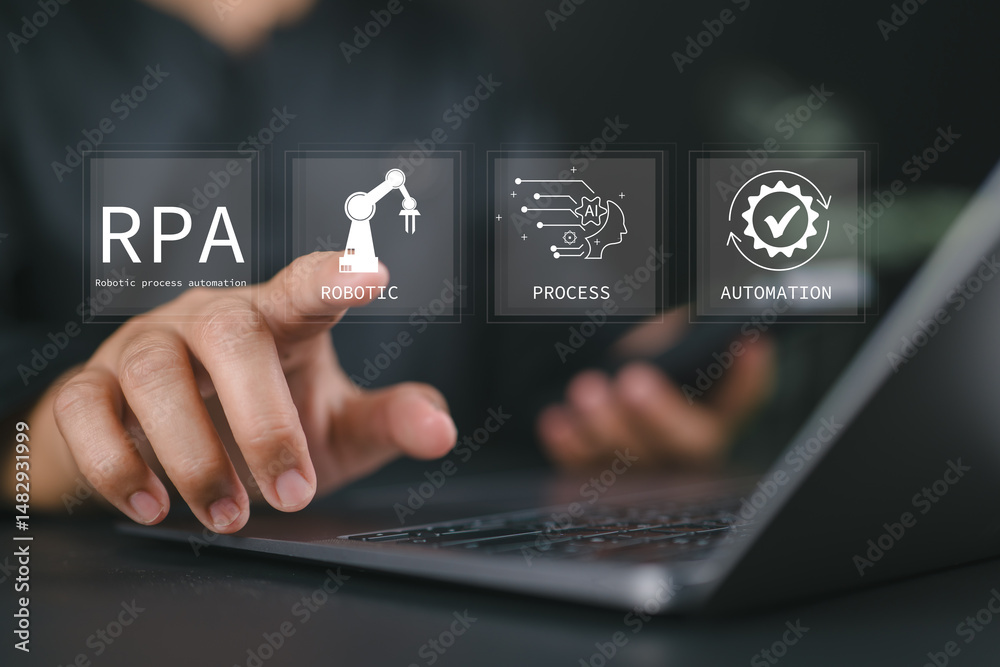Fototapete RPA, Robotic process automation concept. Digital transformation and change management, Business automation with AI. Man use laptop with RPA icons on virtual screen.