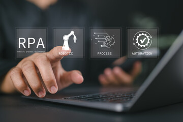 RPA, Robotic process automation concept. Digital transformation and change management, Business automation with AI. Man use laptop with RPA icons on virtual screen.