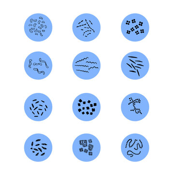 Vector isolated illustration of a set of bacteria types: vibrios and spirilla. Coccus and rod-shaped bacteria.