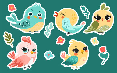 A collection of stickers with birds, spring, summer, flowers, in flat style. drawn by hand. Vector.