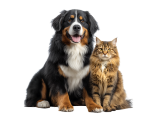 A Bernese mountain dog and an extremely beautiful long-haired cat sitting side by side, with happy expressions on transparent background