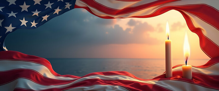 Memorial Day border with patriotic stripes and eternal flame offering space for inspirational text concept as Memorial Day frame featuring patriotic stripes and eternal flame for inspirational text in