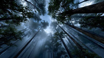 Low angle view of tall trees reaching towards the sky in foggy forest