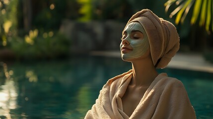 Woman relaxing with facial mask and towel wrap