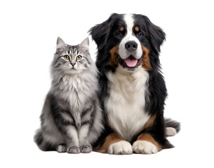 Obraz premium A Norwegian Forest cat and a Bernese Mountain Dog sitting side by side, isolated on a transparent background