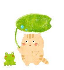 葉っぱの傘をさすねことカエルのイラスト　クレヨンタッチ
