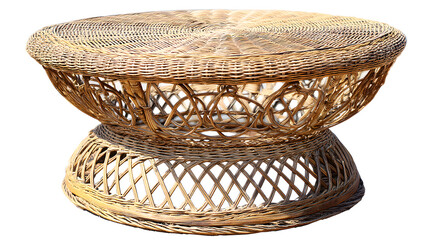 A wicker coffee table with a basket on top