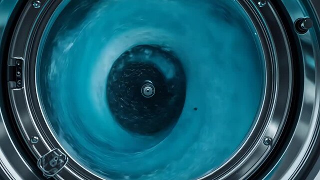 Close-up of washing machine drum with swirling blue water and clothes spinning, showcasing laundry cleaning process in a modern appliance