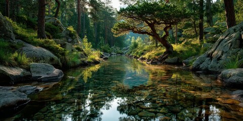 Obraz premium Serene forest river surrounded by vibrant greenery and rocky outcrops during early morning hours