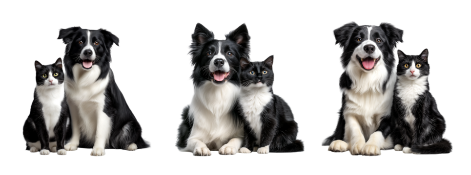 Photograph of a happy border collie dog and cat sitting together looking at the camera isolated on a transparent background