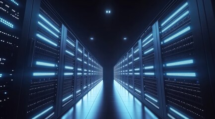 Fototapeta premium Futuristic data center corridor with glowing blue server racks in a dark environment, ideal for illustrating cloud storage, cybersecurity, or IT infrastructure themes