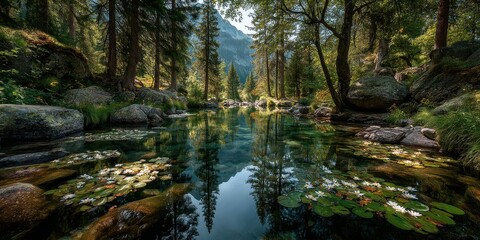 Fototapeta premium Serene forest lake reflecting tall trees and mountains during a bright sunny day in a tranquil natural setting