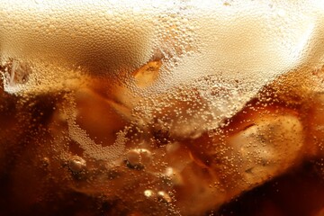 Refreshing cola with ice as background, macro view