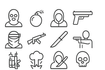 Vector icons representing various elements related to crime, violence, and security threats in a minimalist design