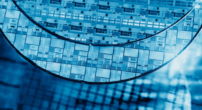 Silicon Wafers with microchips used in electronics for the fabrication of integrated circuits