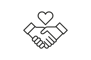 Hands shake to symbolize agreement and partnership with a heart above representing love and connection