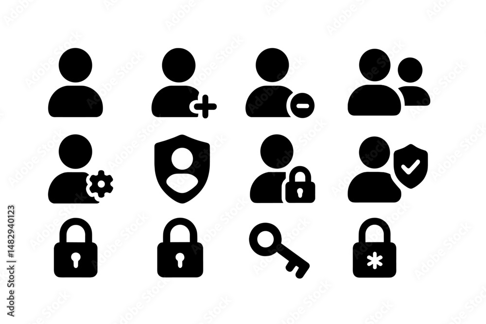 Poster icons representing user management and security features in a digital interface on a simple backgrou
