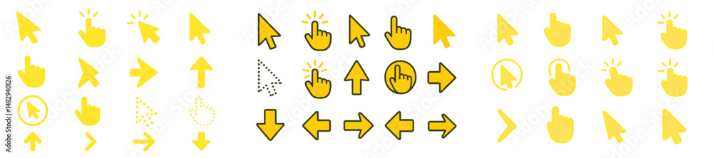 Poster collection of colorful cursor icons for digital interface design in various styles and actions