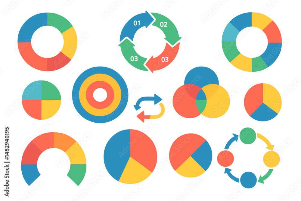 Poster colorful pie charts and graphs arranged in a grid showcasing data representation and analysis concep