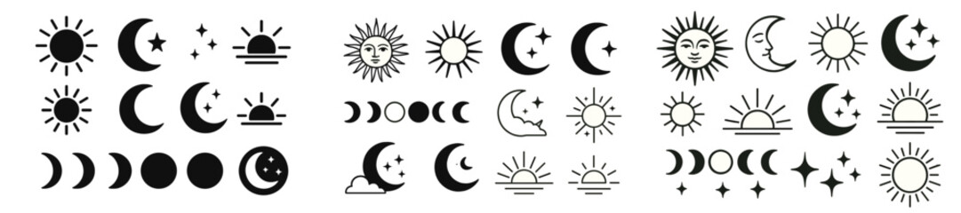 Obraz premium Various sun and moon symbols in a simple black and white design showcasing celestial themes for art and decoration