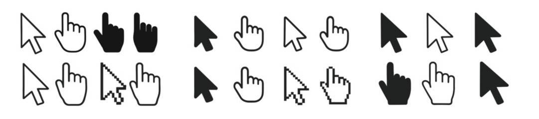 Collection of various cursor designs for digital interfaces displayed in a grid format showcasing different styles and orientations
