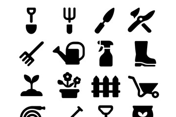 Gardening tools and equipment icons arranged in a grid showcasing various gardening activities and supplies