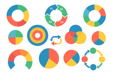 Colorful pie charts and graphs arranged in a grid showcasing data representation and analysis concepts