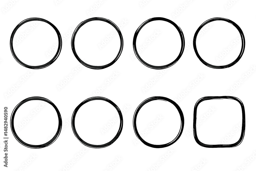 Poster various black circles and one square shape arranged in a grid pattern on a light background