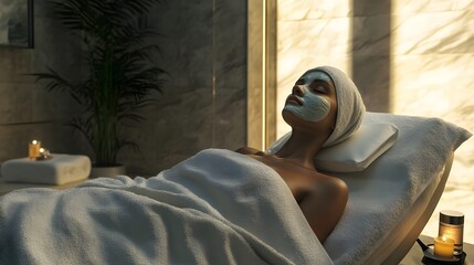Woman relaxing with facial mask and towel wrap
