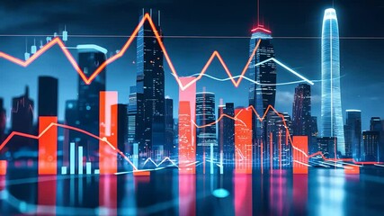 City skyline at night with glowing financial charts, red and blue stock market graphs over skyscrapers, reflecting on water in a futuristic urban scene - Powered by Adobe
