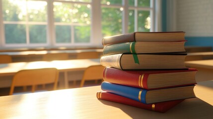 Warm afternoon light illuminates a stack of textbooks on an empty teacher's desk in a serene classroom setting