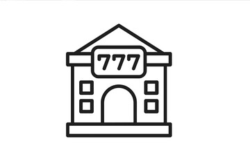 Simple illustration of a casino building with the number 777 prominently displayed on the facade