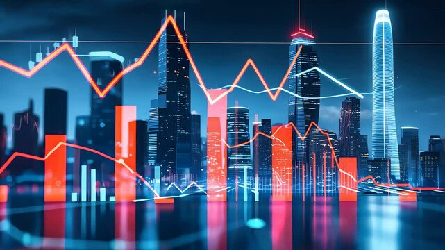 City skyline at night with glowing financial charts, red and blue stock market graphs over skyscrapers, reflecting on water in a futuristic urban scene