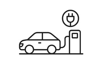 Electric car charging at a charging station with a plug symbol indicating electric vehicle readiness