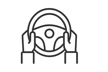 Hands gripping a steering wheel while driving on a straight road during daylight