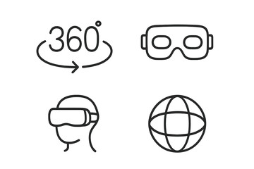 Visual representation of virtual reality elements including goggles, 360 degrees symbol, and a global perspective