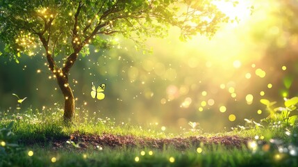 Obraz premium Delicate tree sprouting from the earth, rich green tones with blurred light spots, beautiful empty space for text