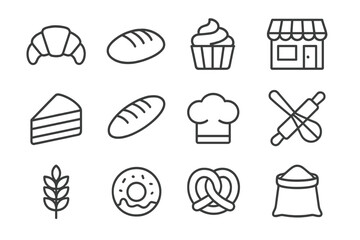 Baking tools and treats displayed in a minimalist style highlighting various pastries and bread