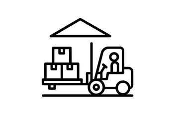 Warehouse worker using forklift to move stacked boxes under shelter during daylight hours