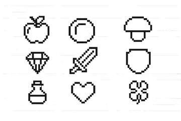 Pixel art icons of various items including fruit, weapons, and symbols on a lined background