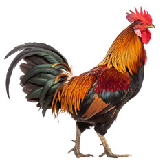Fototapeta premium Rooster standing proud with vibrant feathers, isolated white