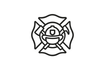 Firefighter emblem with crossed axes and helmet design created in black outline style for various uses and applications