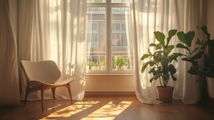 Sunlit corner in an inviting apartment featuring large windows adorned with linen curtains, gentle indoor plants, and a cozy reading chair exuding tranquility in a neutral color palette