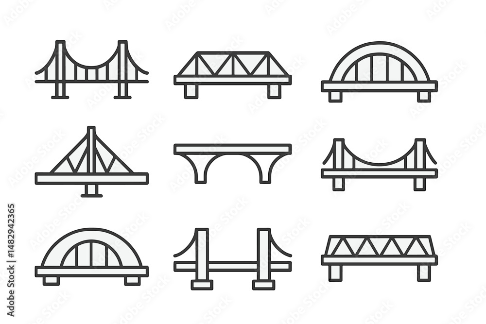 Poster collection of different bridge designs presented in a minimalist style showcasing various architectu