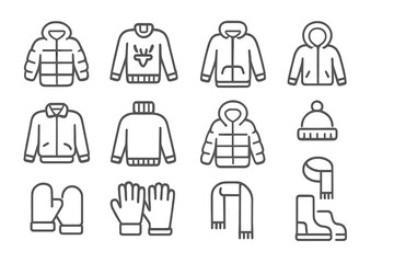 Collection of winter clothing items including jackets, sweaters, hats, mittens, and scarves for cold weather wear