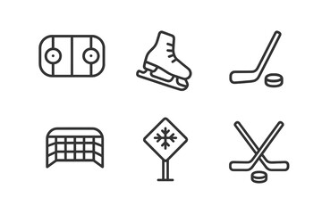 Various hockey-related icons depicting ice rink, skates, sticks, and goals in a minimalist design